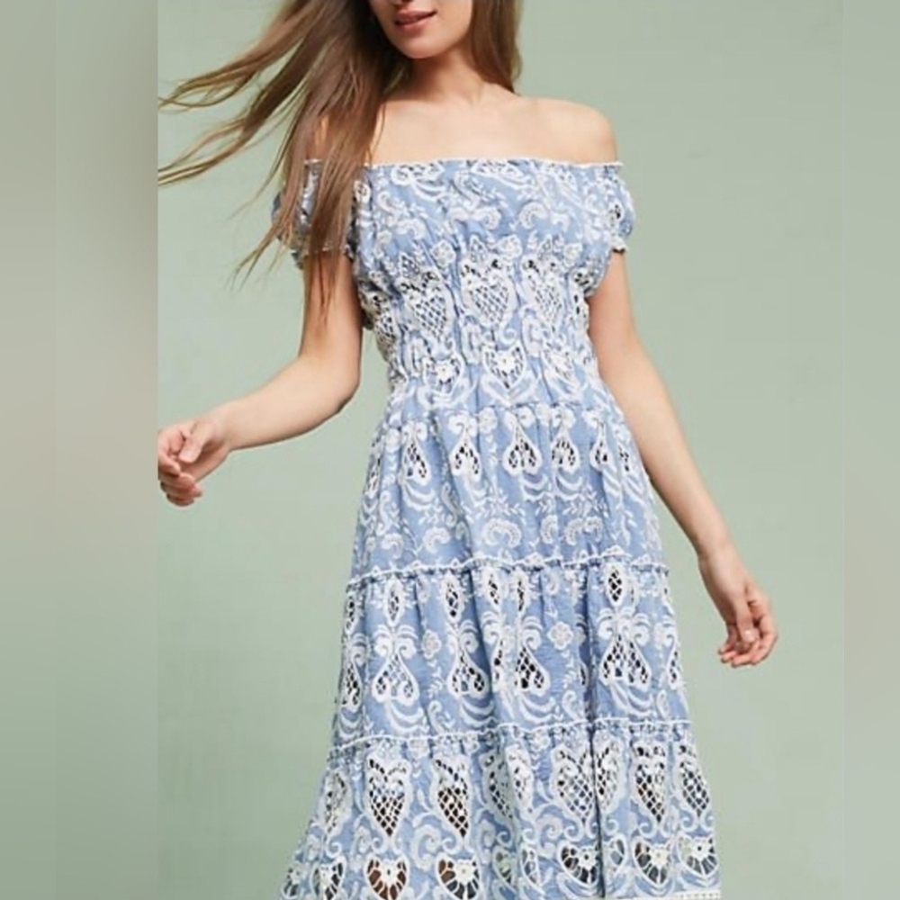 Anthropologie Tiered Embroidery Cutout Midi Dress Sz 0 Blue White Off Shoulder
